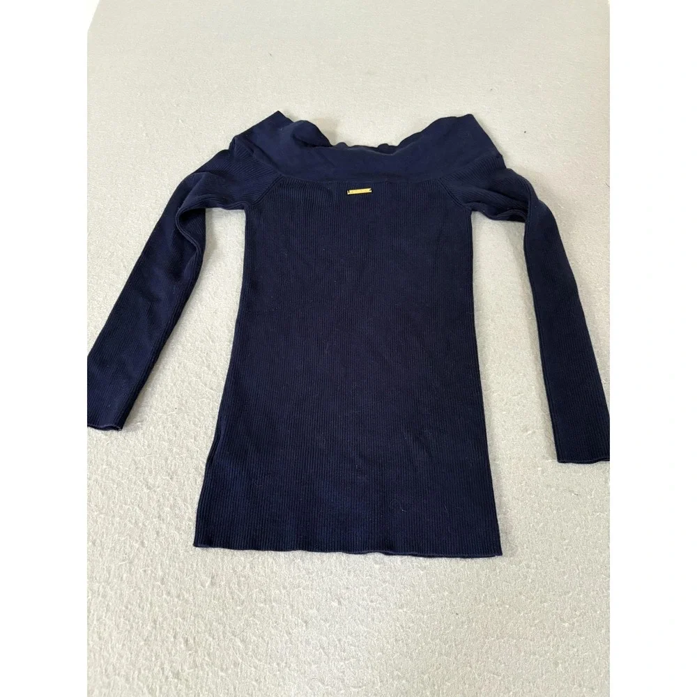 Michael Michael Kors‎ Sweater Womens Small Navy Off Shoulder Lace Up Ribbed Knit